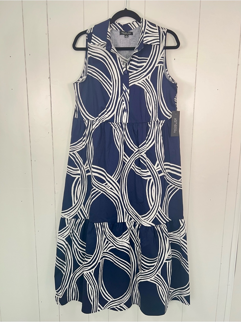 Rachel Zoe NWT Navy & White Sleeveless Collared Midi Dress Graphic Nautical SZ M